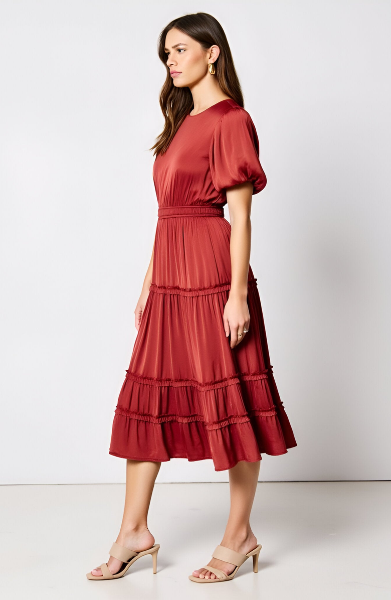 Modenaire Tiered Puff-Sleeve Shirred Elastic-Waistband Midi Dress, Alternate, color, Rust Red