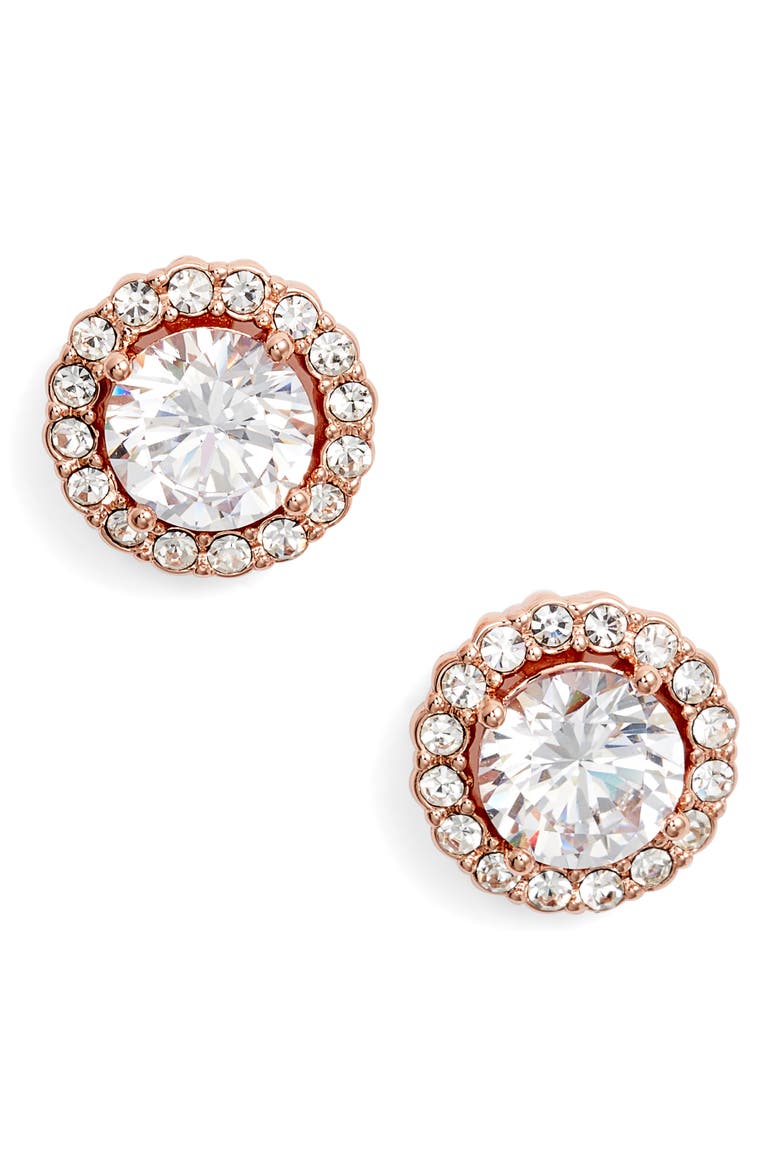 Halo Button Stud Earrings, Main, color, ROSE GOLD/ CRYSTAL