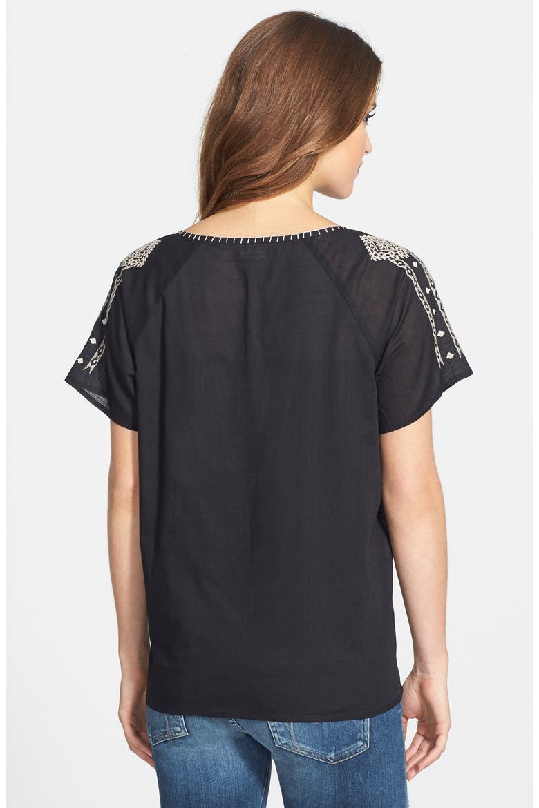 Embroidered Split Neck Top, Alternate, color, BLACK- TAN MEMOIR