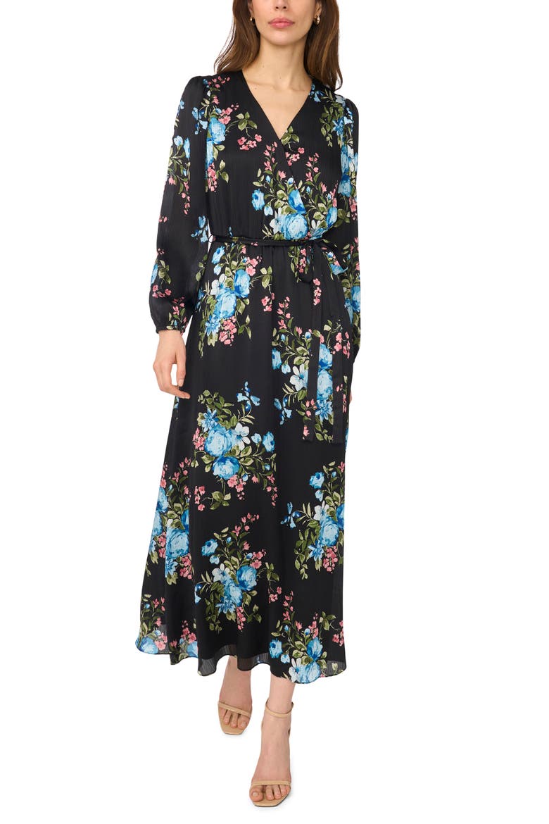 Floral Print Surplice Neck Maxi Dress, Main, color, BLACK MULTI