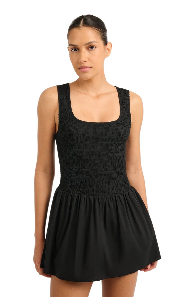 Onia Poplin Smocked Mini Dress, Alternate, color, Black