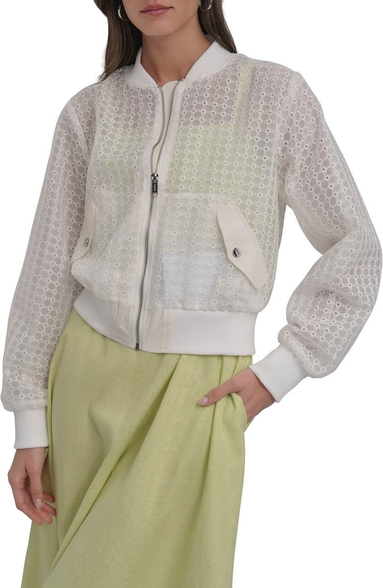 DKNY SPORTSWEAR Organza Eyelet Bomber Jacket, Main, color, Ivory