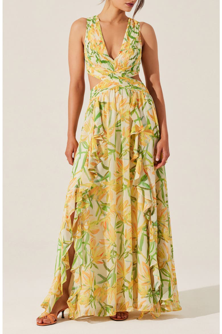 Noya Floral Pleated Cutout Maxi Dress, Main, color, YELLOW GRE