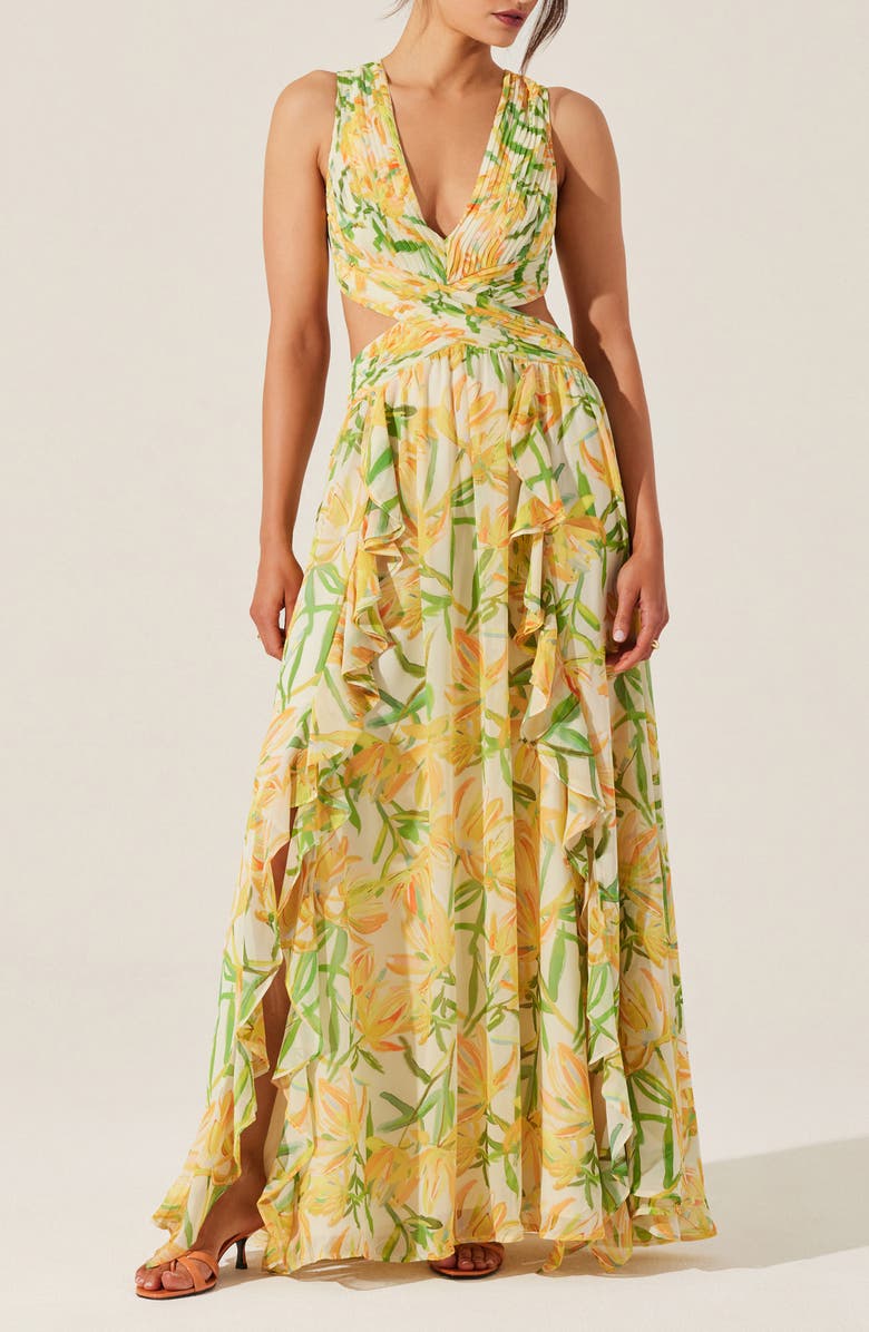 ASTR the Label Noya Floral Pleated Cutout Maxi Dress, Main, color, Yellow Gre