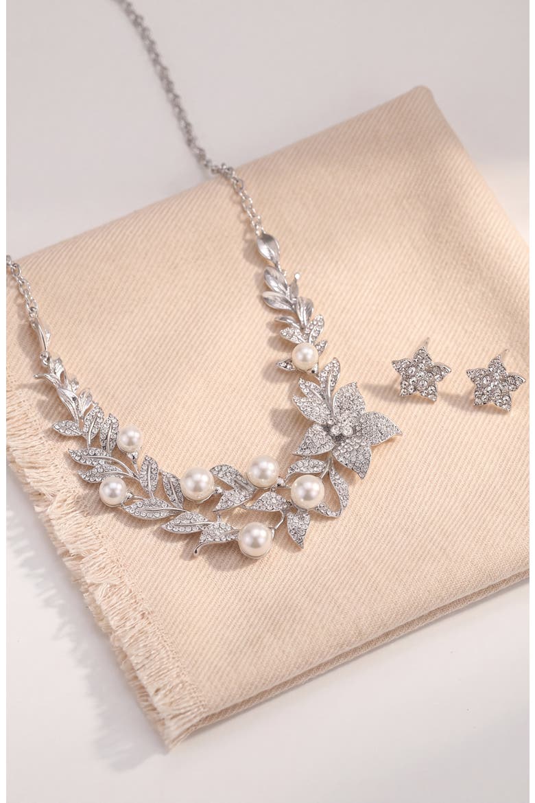 Pearl Crystal Sharp Petal Necklace and Earring Set, Alternate, color, Silver