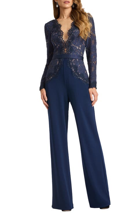 Mixed Media Plunge Neck Long Sleeve Cotton Blend Jumpsuit