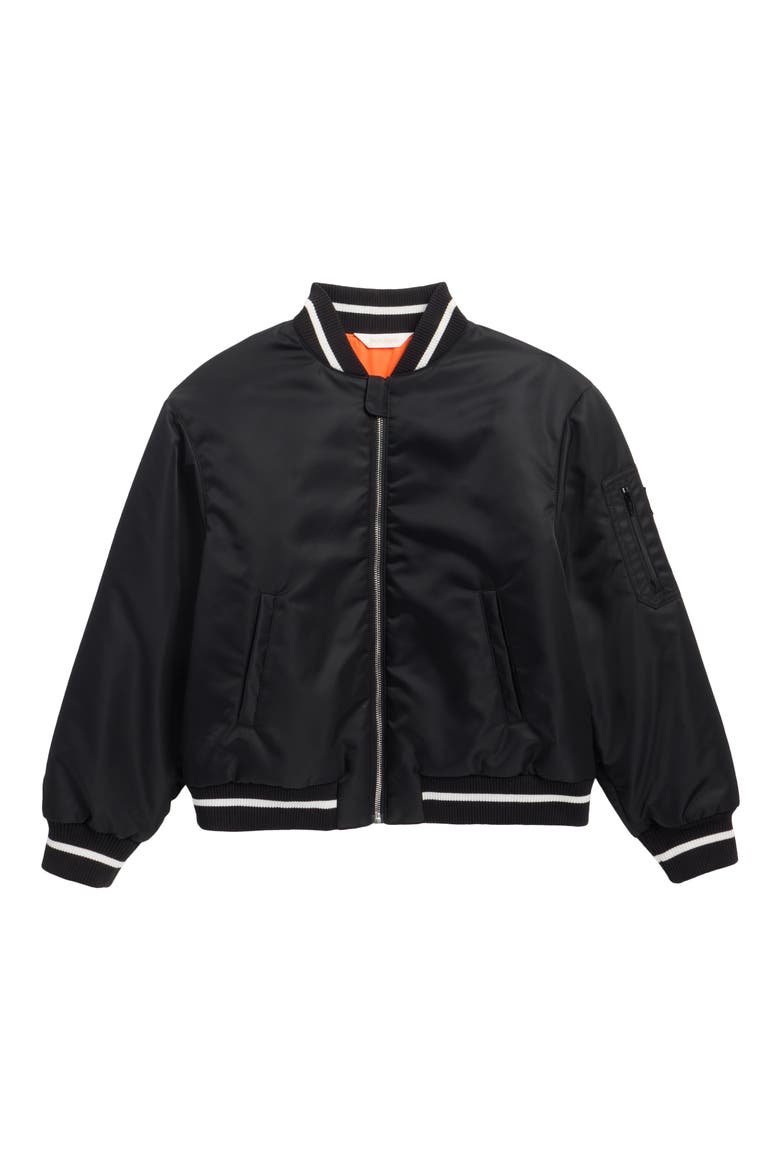 Kids' Curved Logo Oversize Bomber Jacket, Main, color, BLACK/ OFF WHITE
