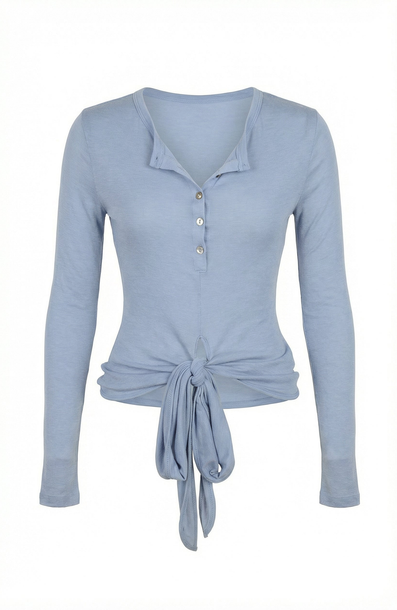 Modenaire Long Sleeve Front Tie Henley Top, Alternate, color, Heathered Light Blue