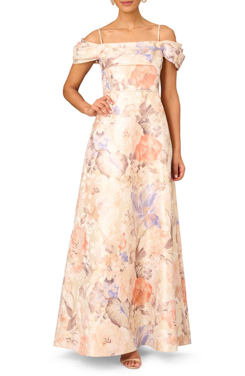 Aidan Mattox by Adrianna Papell Floral Print Off the Shoulder Jacquard Gown, Main, color,