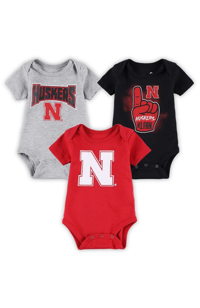 Outerstuff Newborn & Infant Scarlet/Black/Heathered Gray Nebraska Huskers 3-Pack Game On Bodysuit Set, Main, color, 