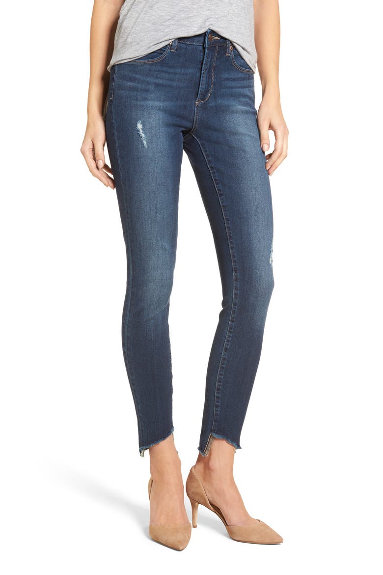 Diagonal Ripped Step Skinny Jeans, Main, color, DARK WASH