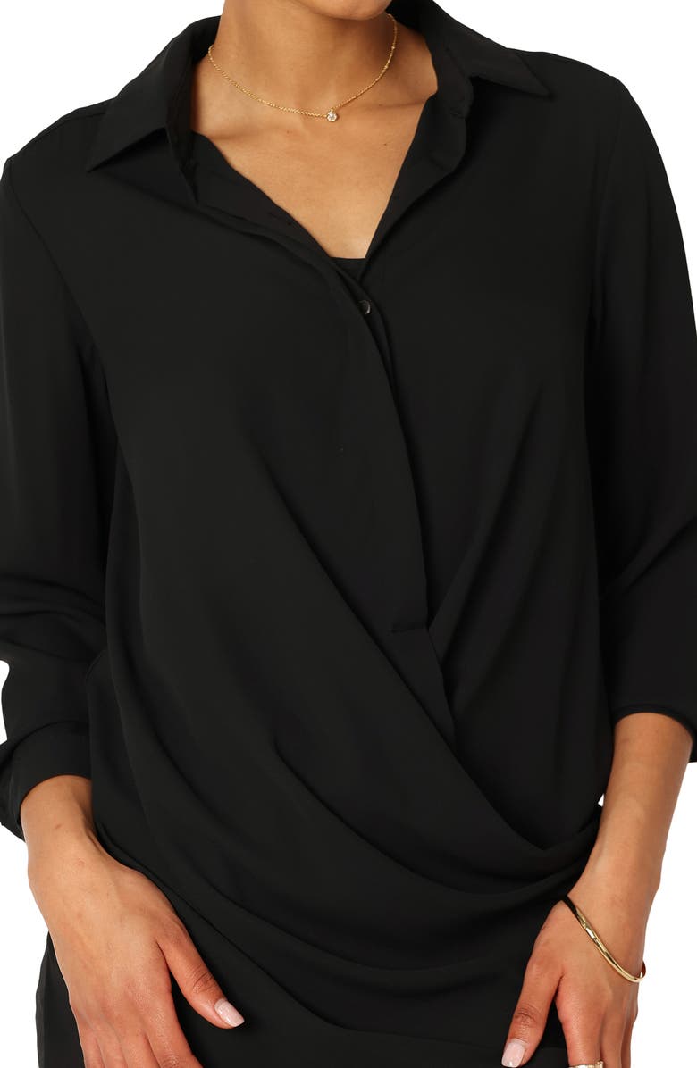 Petal & Pup Niky Gathered Mini Shirtdress, Alternate, color, Black