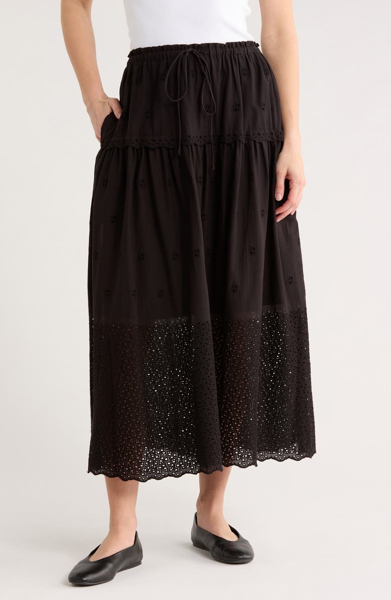 ELIE ELIE TAHARI Ruffle Embroidered Eyelet Cotton Blend Skirt, Main, color, Black