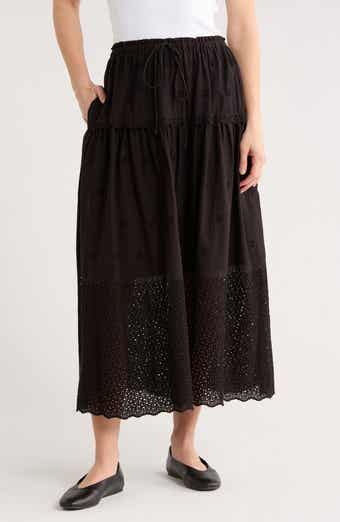 ELIE ELIE TAHARI Ruffle Embroidered Eyelet Cotton Blend Skirt