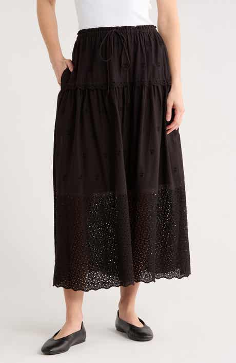 ELIE ELIE TAHARI Ruffle Embroidered Eyelet Cotton Blend Skirt