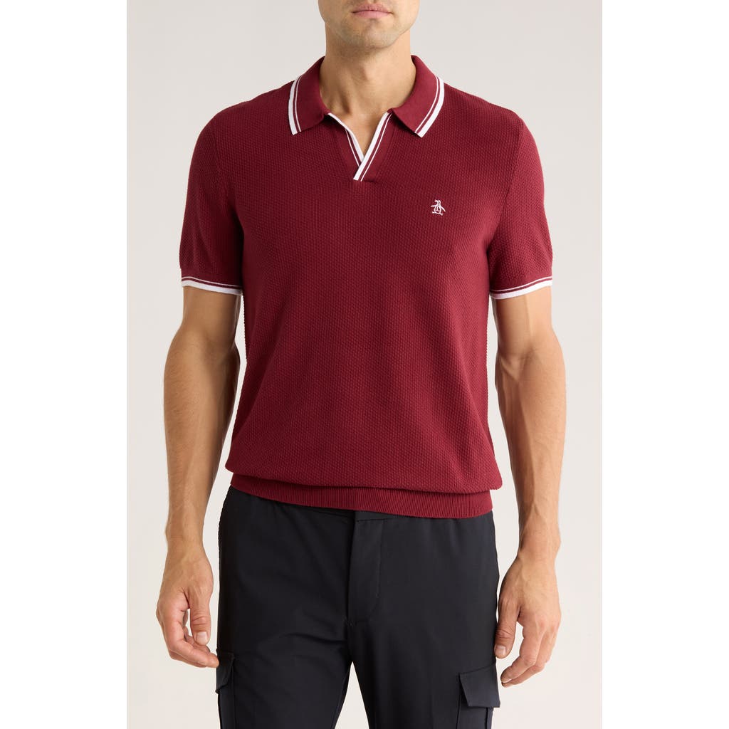 Original Penguin Textured Johnny Collar Cotton Polo In Burgundy