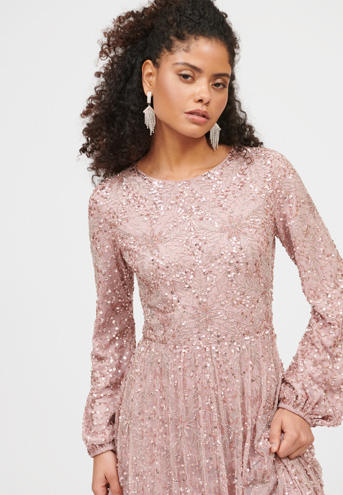 Shop Maryisa Occasion Modest Embellished Sequin Beaded Floral Evening Dress In Frosted Pink
