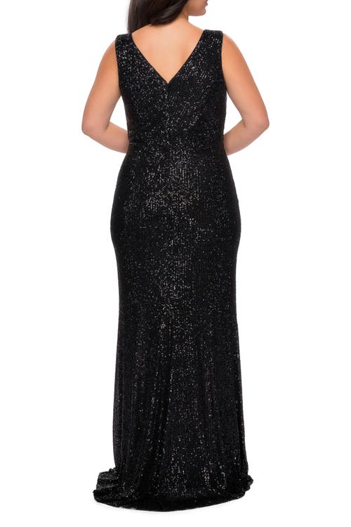 La Femme Long Sequin Plus Size Gown With V-neck In Black