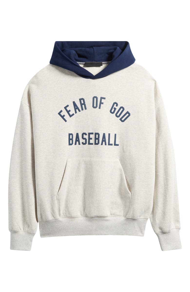 Fear of God Essentials MLB Sport Colorblock Cotton Graphic Hoodie, Alternate, color, Light Heather/ Navy Blue