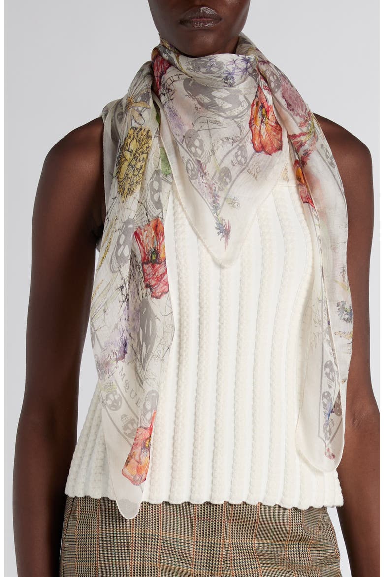 Spider Floral Silk Twill Chiffon Scarf, Alternate, color, IVORY/ MEDIUM GREY