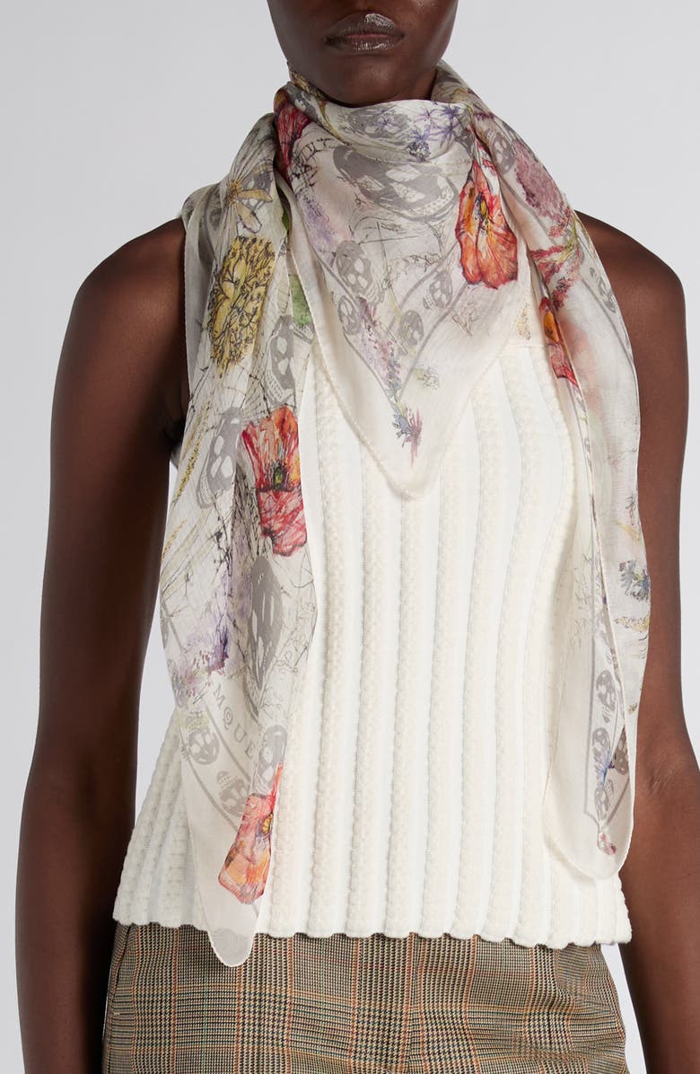 McQueen Spider Floral Silk Twill Chiffon Scarf, Alternate, color, Ivory/ Medium Grey