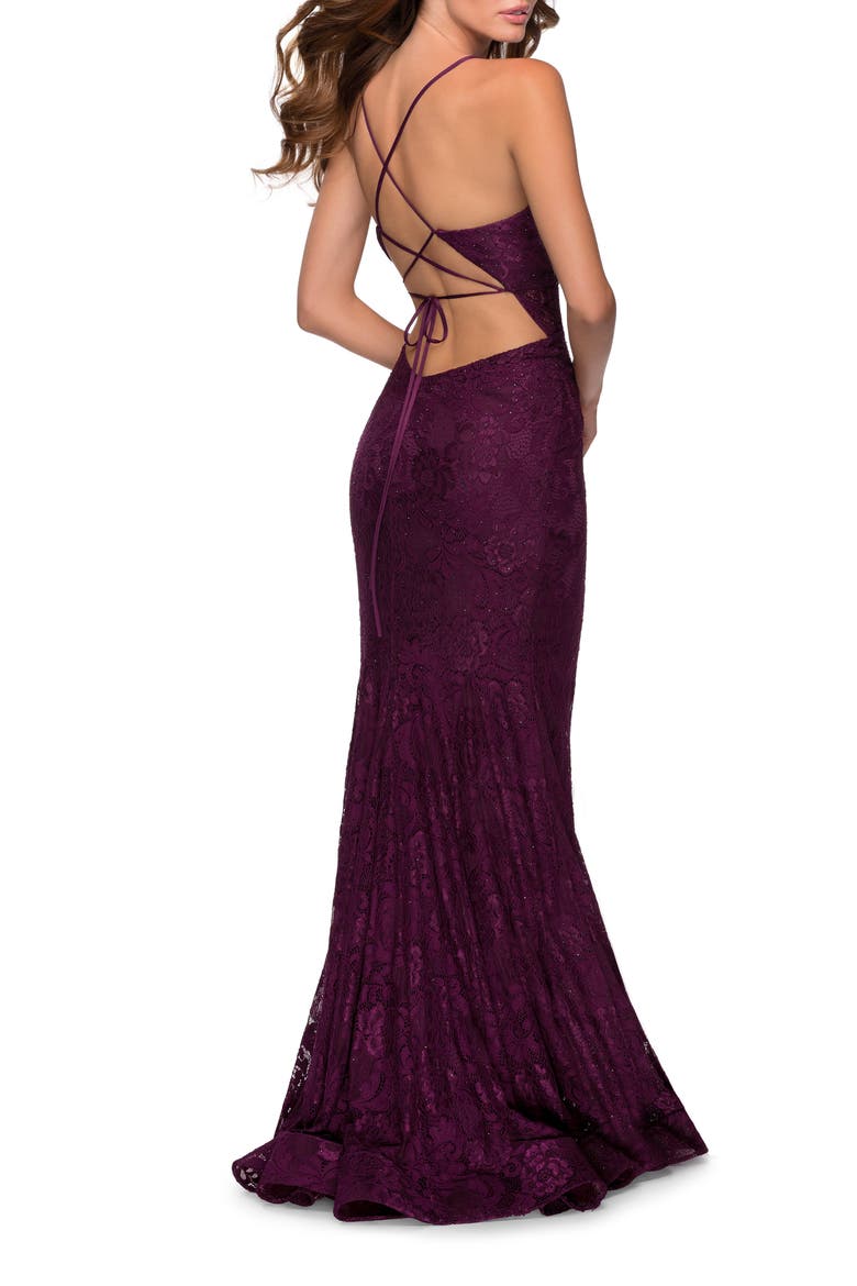 Strappy Back Lace Trumpet Gown, Alternate, color, DARK BERRY
