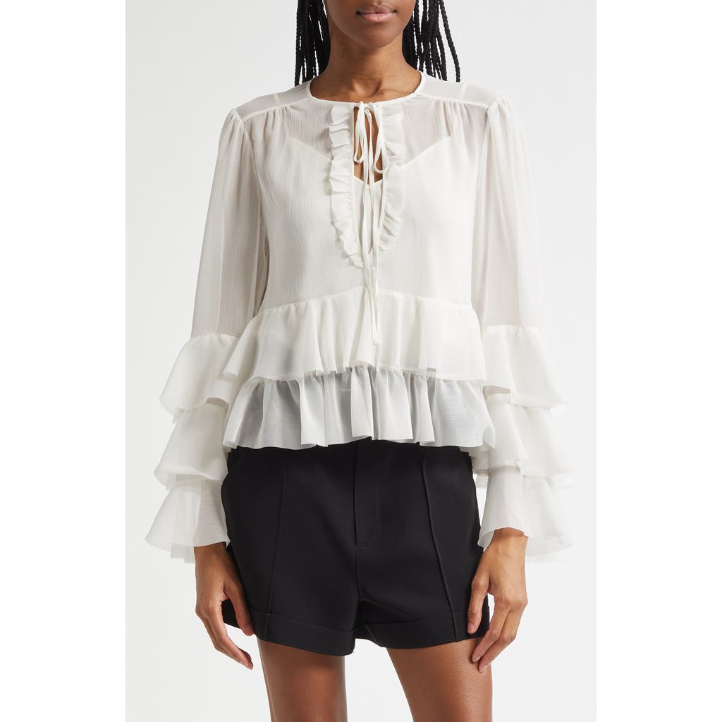 Cinq À Sept Steffina Ruffle Neck-tie Long-sleeve Top In White
