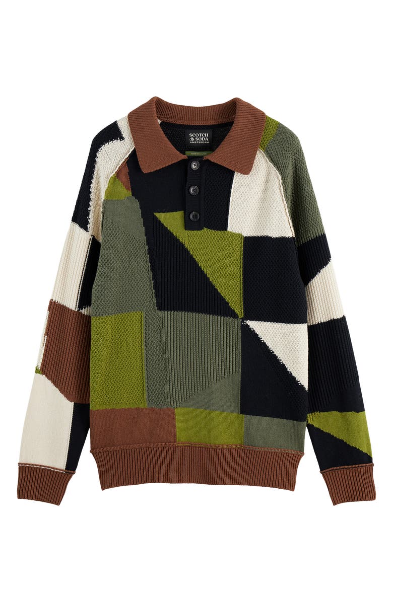 Scotch & Soda Pieced Patchwork Polo Sweater, Alternate, color, Zigzag Patchwork