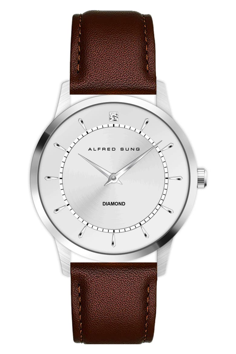 Diamond Dial Leather Strap Watch, 42mm, Main, color, BROWN STRAP SILVER DIAL