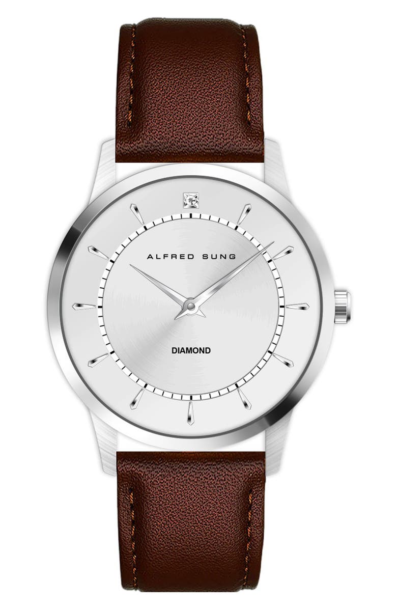 Alfred Sung Diamond Dial Leather Strap Watch, 42mm, Main, color, Brown Strap Silver Dial