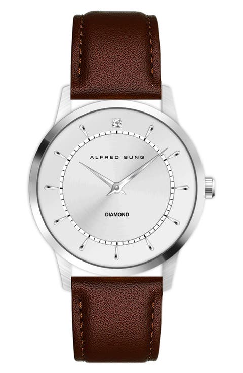 Diamond Dial Leather Strap Watch, 42mm
