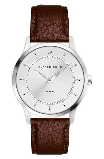 Alfred Sung Diamond Dial Leather Strap Watch, 42mm In Brown Strap Silver Dial