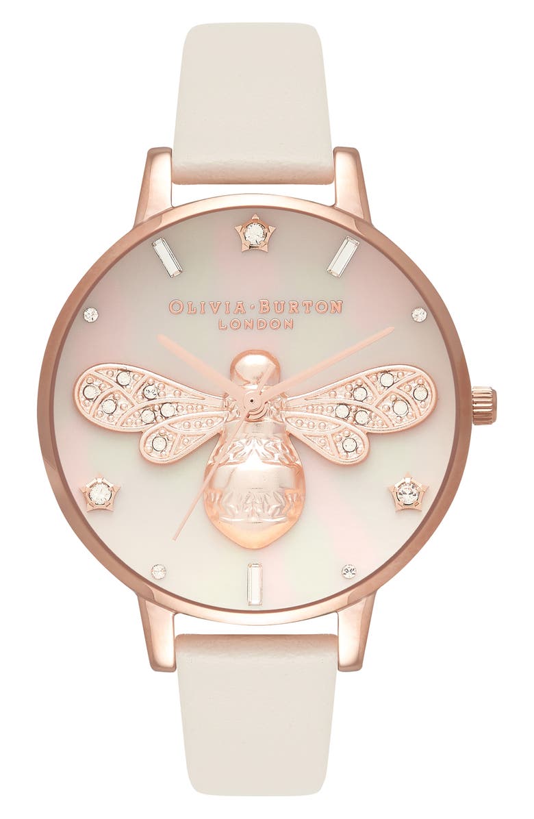 Olivia Burton Sparkle Bee Leather Strap Watch, 34mm, Main, color, 