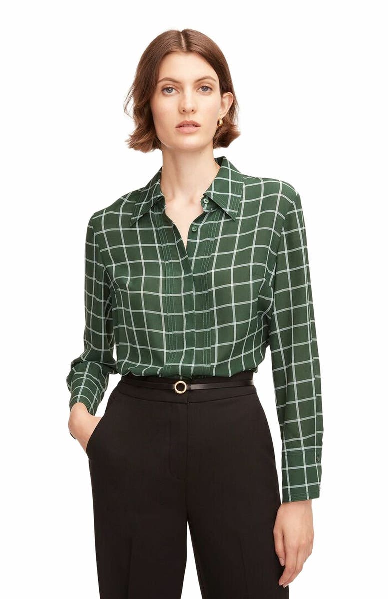 Rebecca Taylor Windowpane Silk Pleated Blouse, Main, color, Jasper Green Combo