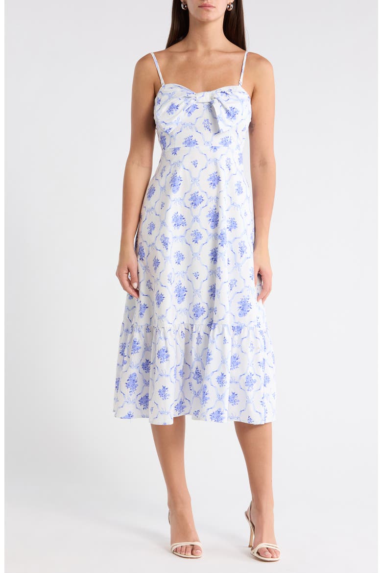 Nia Floral Perline Bow Midi Dress, Alternate, color, WHITE/ BLUE