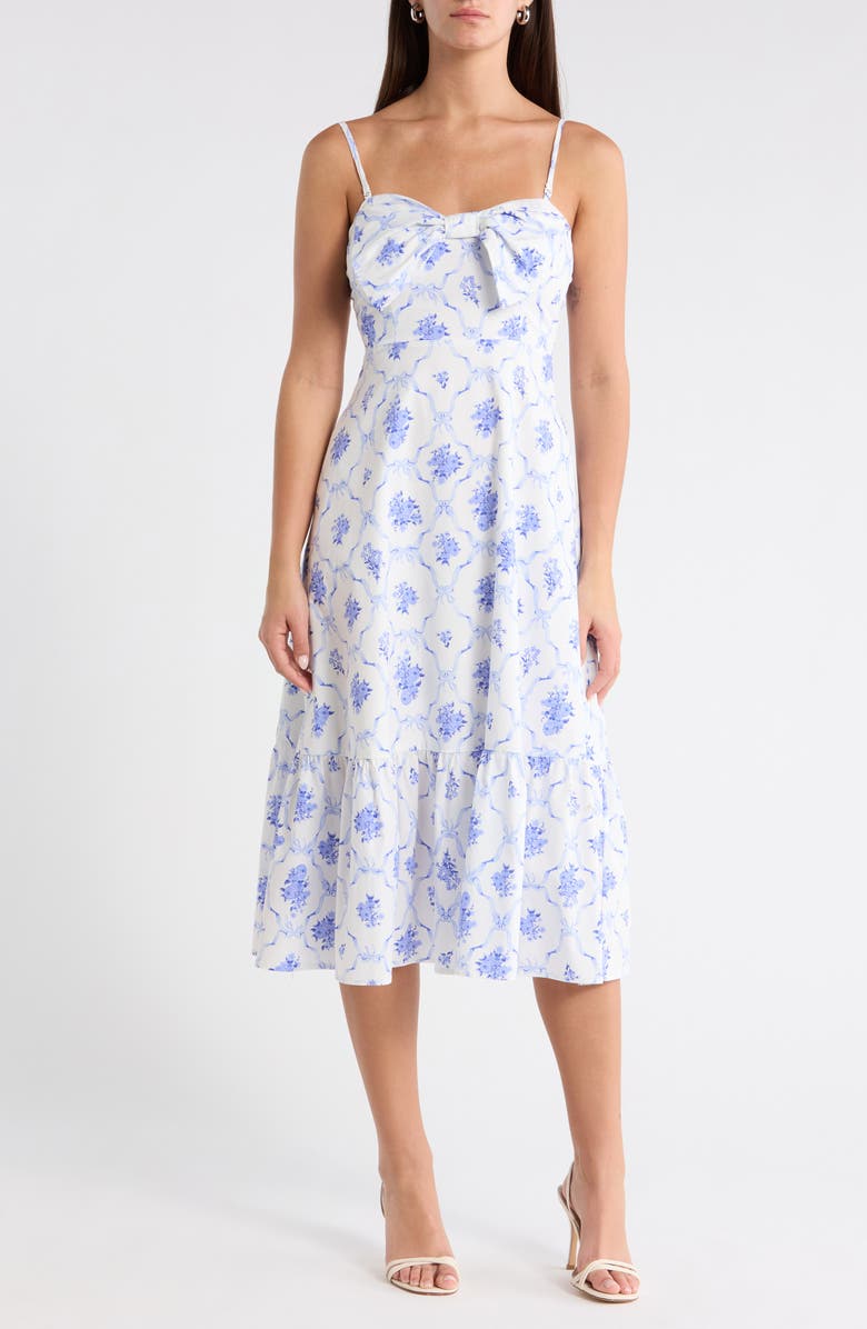 SUGARLIPS Nia Floral Perline Bow Midi Dress, Alternate, color, White/ Blue
