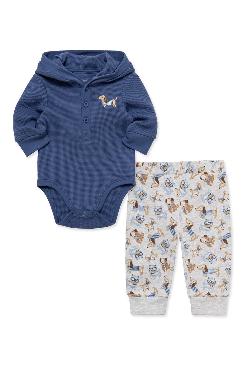 Puppy Waffle Hooded Bodysuit & Knit Pants Set, Alternate, color, BLUE