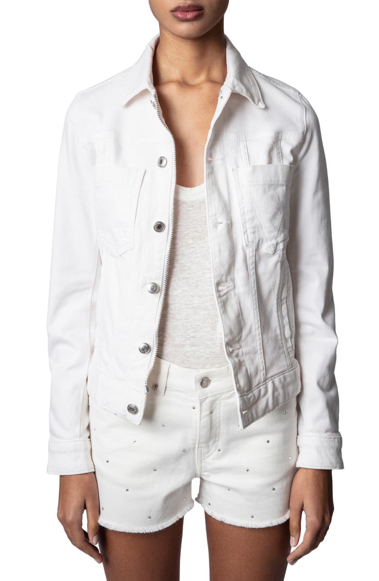 Zadig & Voltaire Kiomy Skull Cotton Blend Zip-Up Trucker Jacket, Main, color, 