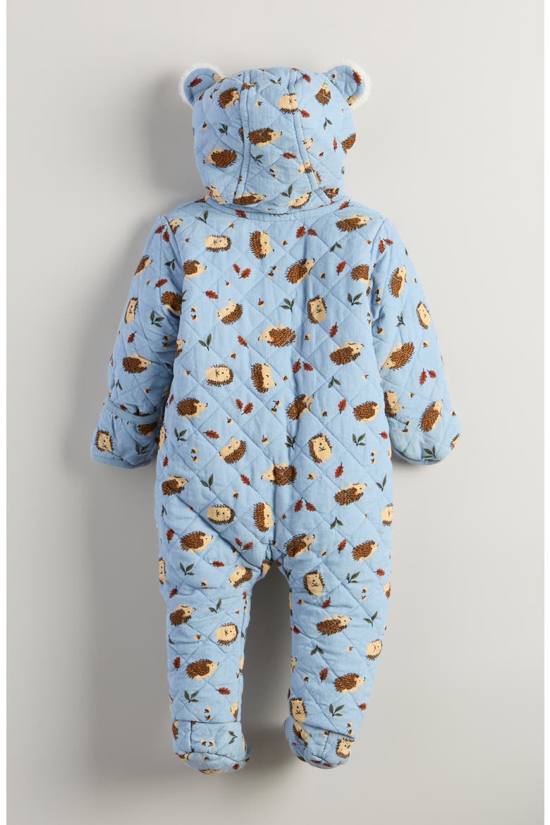 Ear Appliqué Quilted Faux Fur Lined Hooded Bunting, Alternate, color, BLUE FOG AUTUMN HEDGEHOGS