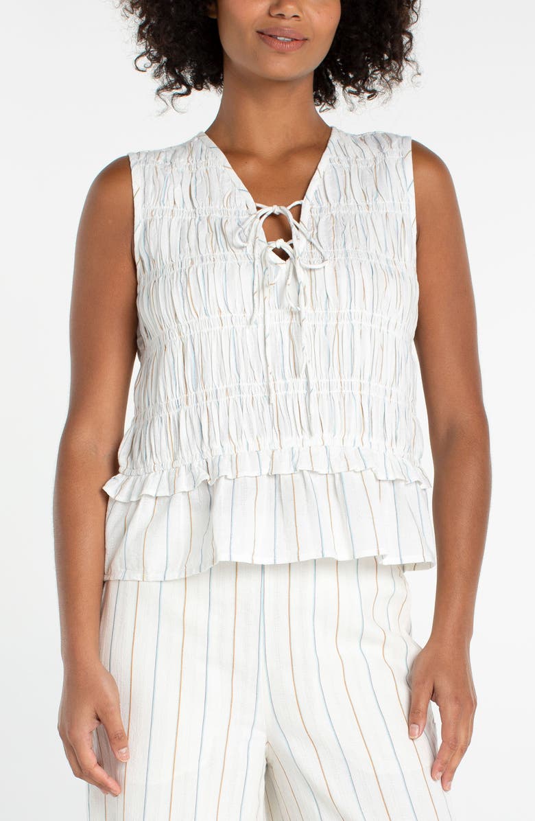 Liverpool Los Angeles Stripe Smocked Tie Sleeveless Cotton Tank, Main, color, Cream/Blue Multi Stripe