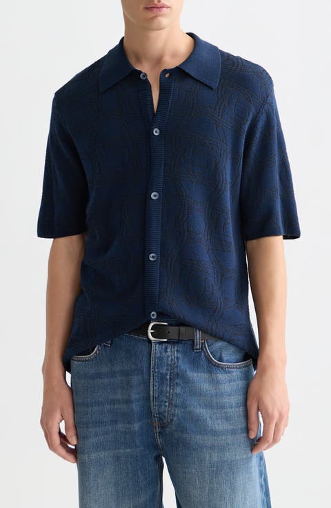 Tone-on-Tone Jacquard Short Sleeve Button-Up Knit Shirt