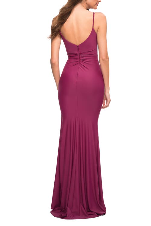 La Femme Luxe Simple Jersey Gown With Draped Neckline In Berry