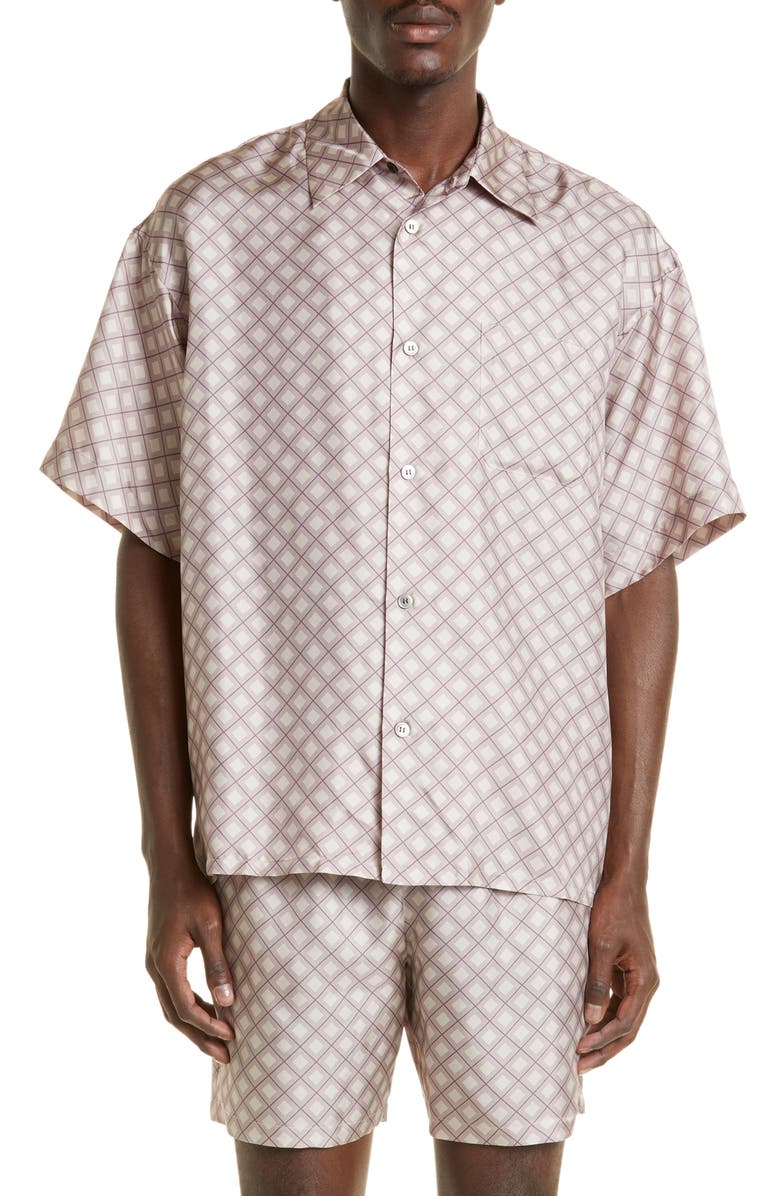 John Elliott Geometric Print Short Sleeve Silk Button-Up Shirt, Main, color,