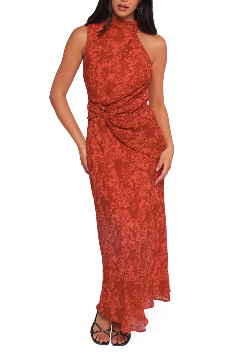 Isabeau Asymmetric Neck Sleeveless Dress, Main, color, RED ROSES