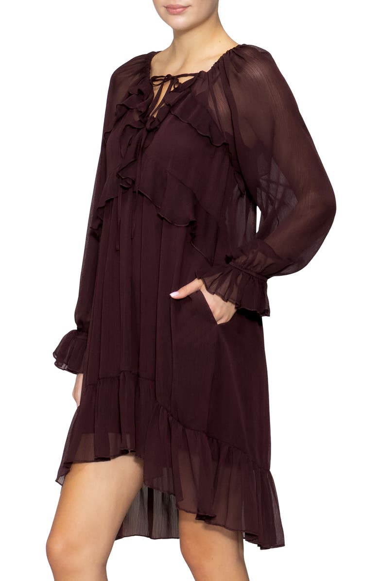 MELLODAY Ruffle Long Sleeve Chiffon Babydoll Dress, Alternate, color, Maroon