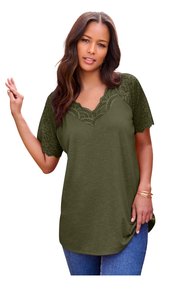 Plus Size V Neck Short Sleeve Lace Trim Tee, Main, color, DARK OLIVE GREEN