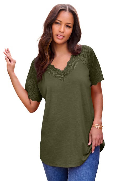 Plus Size V Neck Short Sleeve Lace Trim Tee