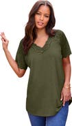 Roaman's Plus Size V Neck Short Sleeve Lace Trim Tee