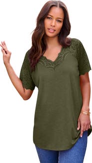 Roaman's Plus Size V Neck Short Sleeve Lace Trim Tee