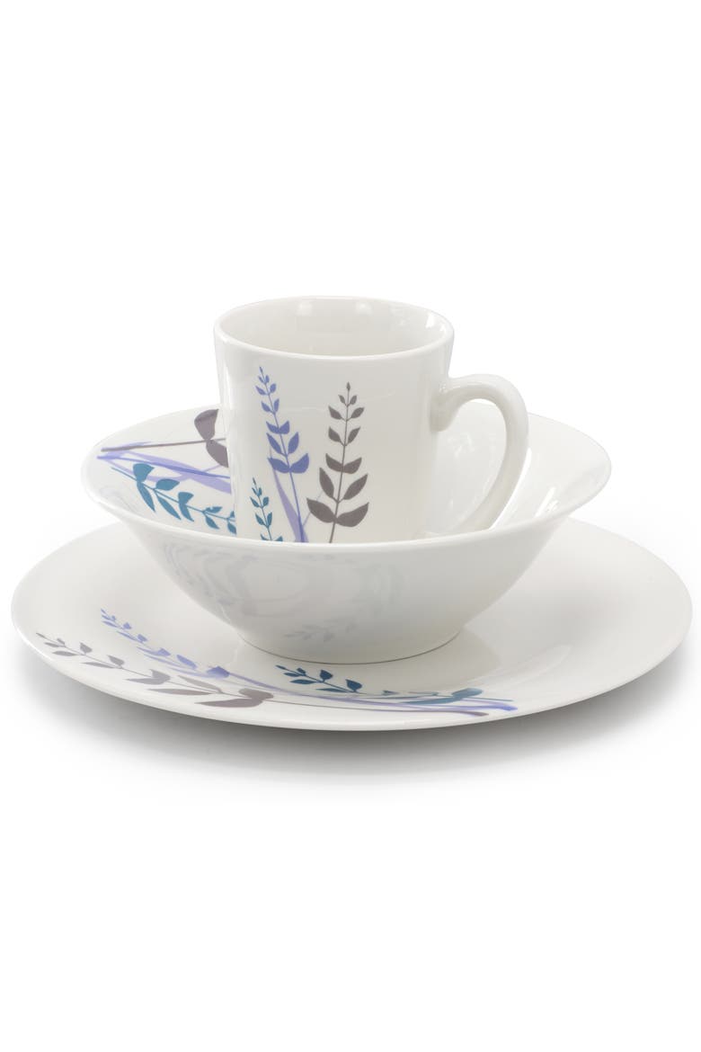 Blue Leaves 12 Piece Round Fine Ceramic Decorated Dinnerware Set, Alternate, color, White